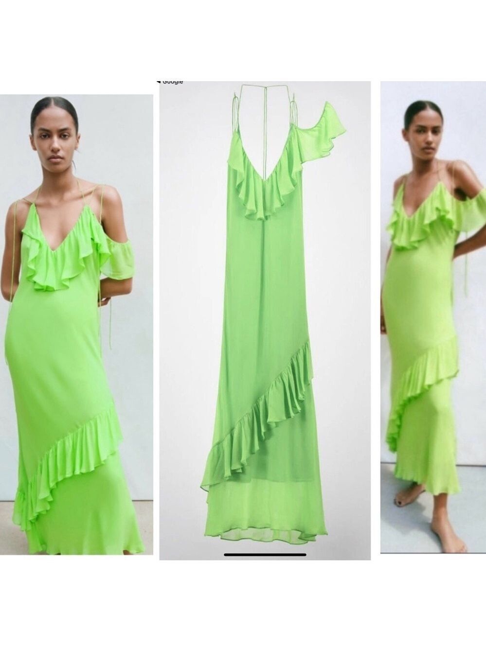 Zara neon fluorescent green ruffle frill off shoulder asymmetrical midi dress M